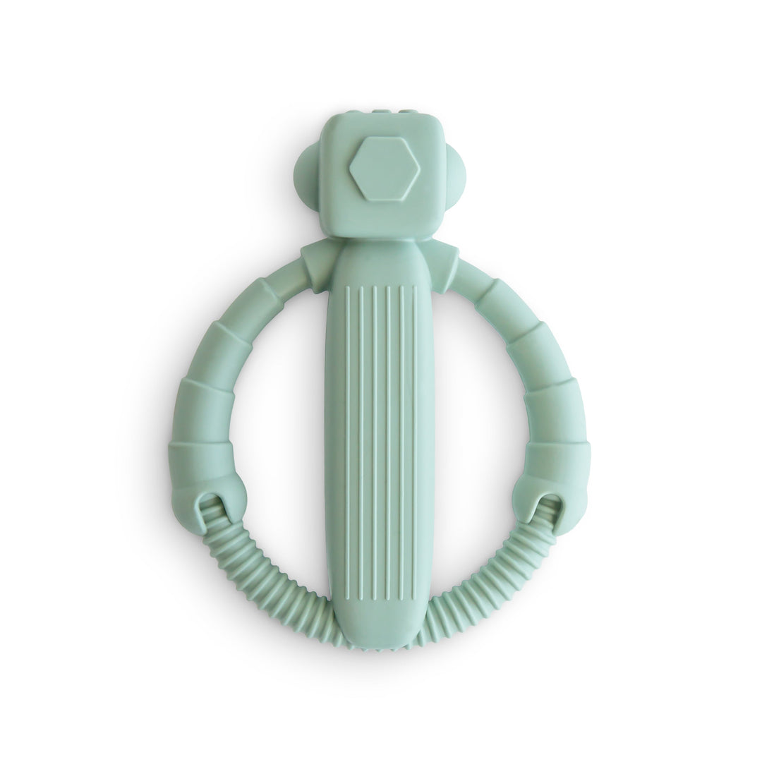 Back of the Mushie robot silicone rattle teether