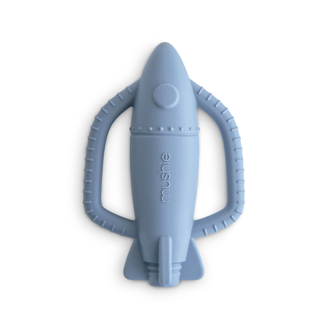 Mushie rocket silicone rattle teether, front view