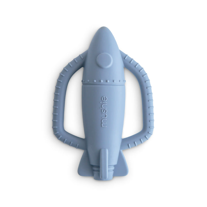 Mushie rocket silicone rattle teether, front view