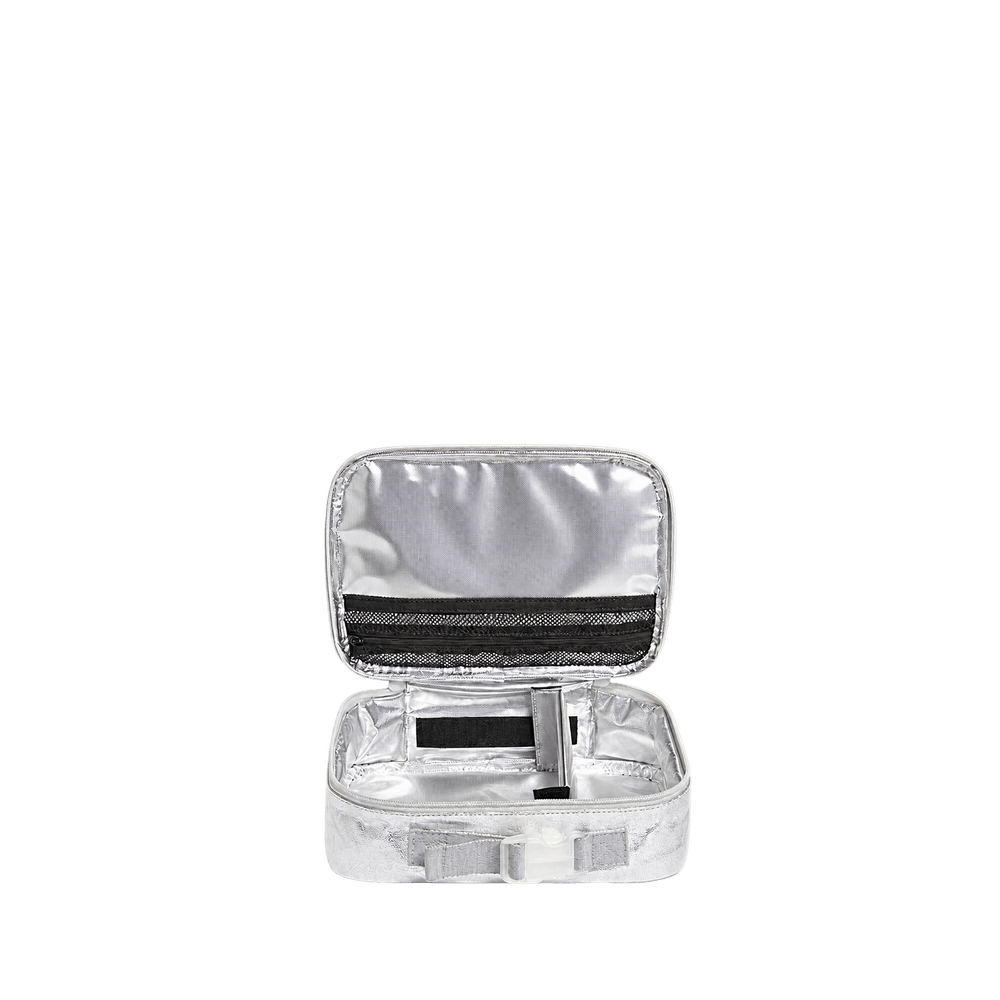 Open Rodgers lunch box showing insulated lining, mesh zip pocket, and Velcro divider