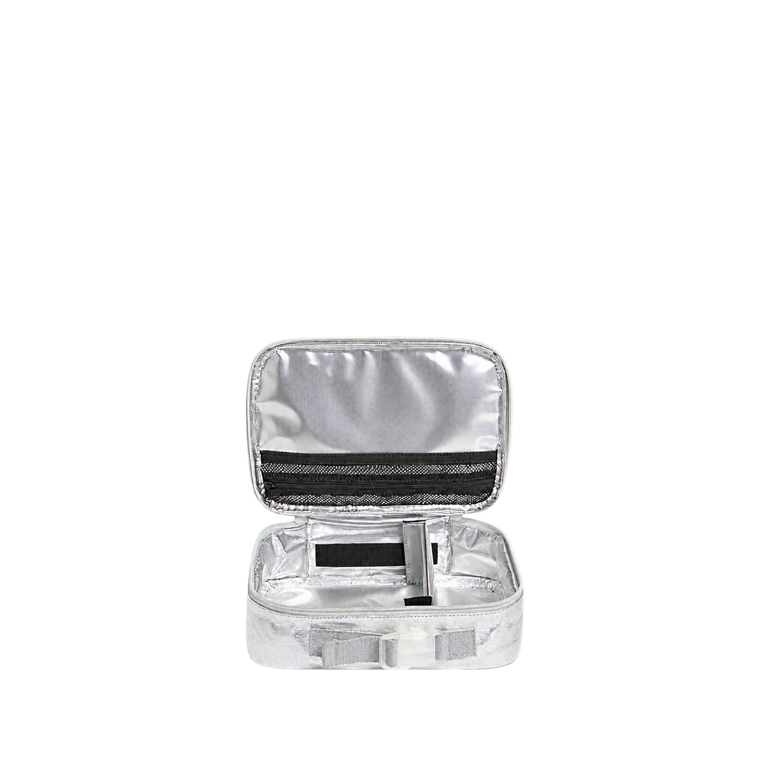Open Rodgers lunch box showing insulated lining, mesh zip pocket, and Velcro divider