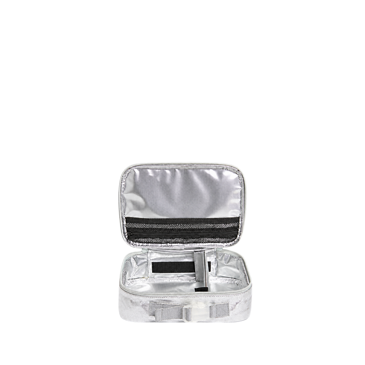 Open Rodgers lunch box showing insulated lining, mesh zip pocket, and Velcro divider