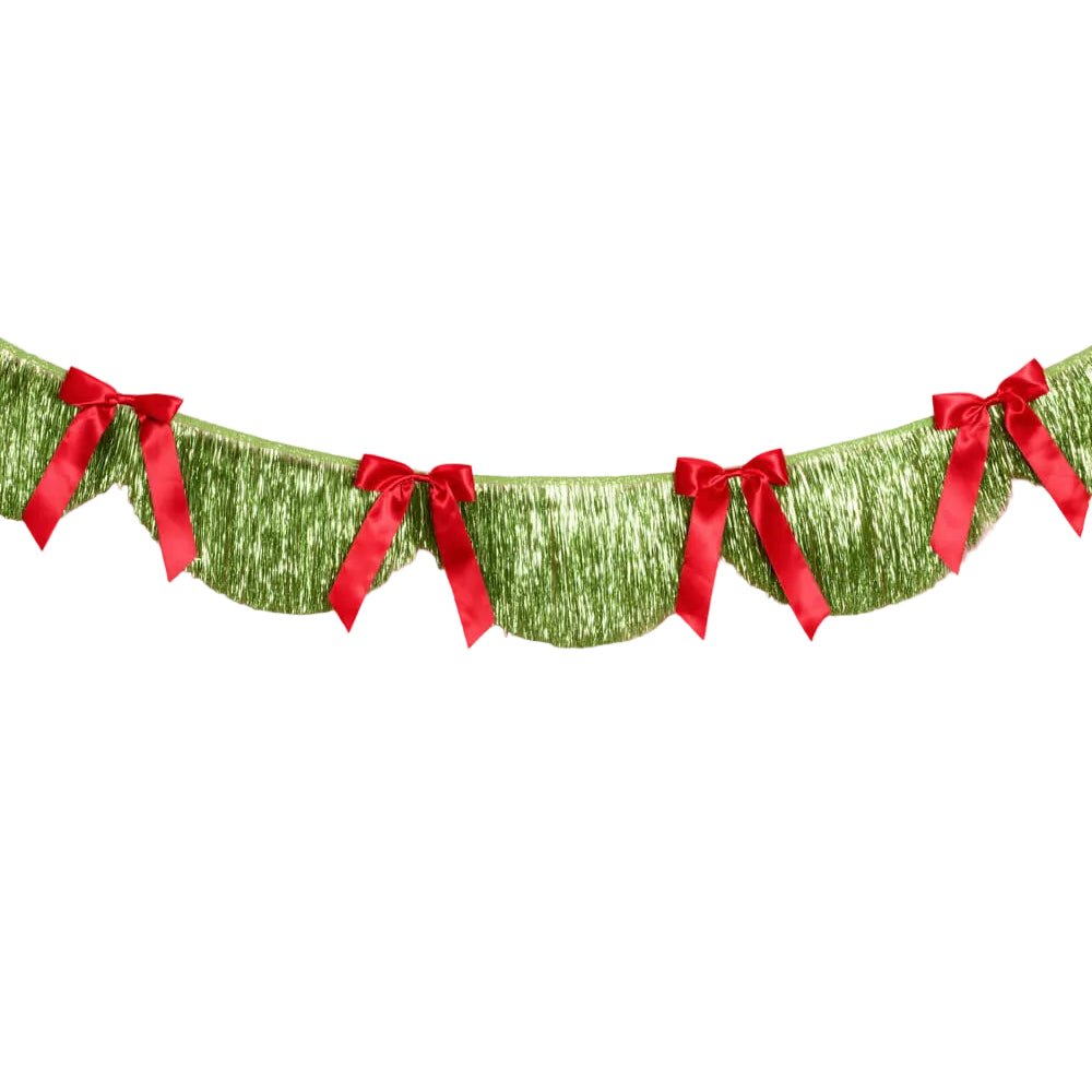 Lime green scallop fringe banner topped with red satin bows