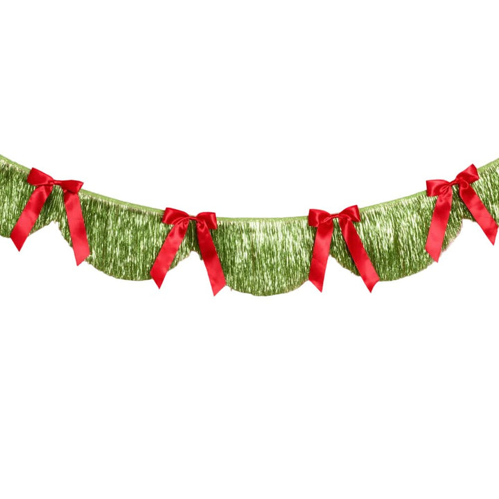 Lime green scallop fringe banner topped with red satin bows