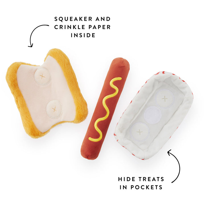 Hot dog interactive snuffle toy for dogs who love to sniff, search, and forage