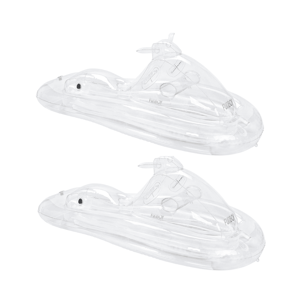 Two clear inflatable snowmobile sleds on white