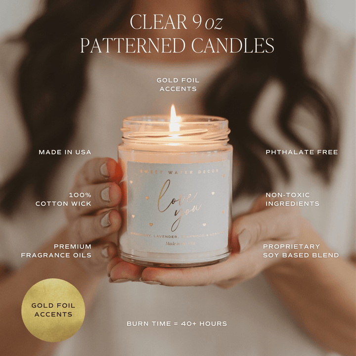 Love You Soy Candle Patterned - Clear Jar - 9 oz Sweet Water Decor Candles Love You Soy Candle Patterned - Clear Jar - 9 oz Bonjour Fete - Party Supplies