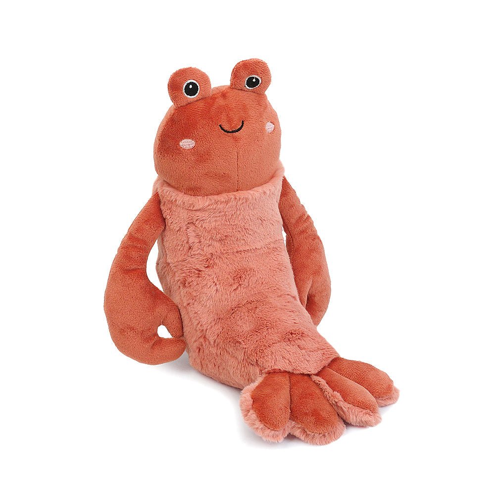 Soft coral lobster plush with a smiling face and fuzzy claws, sitting angled on white