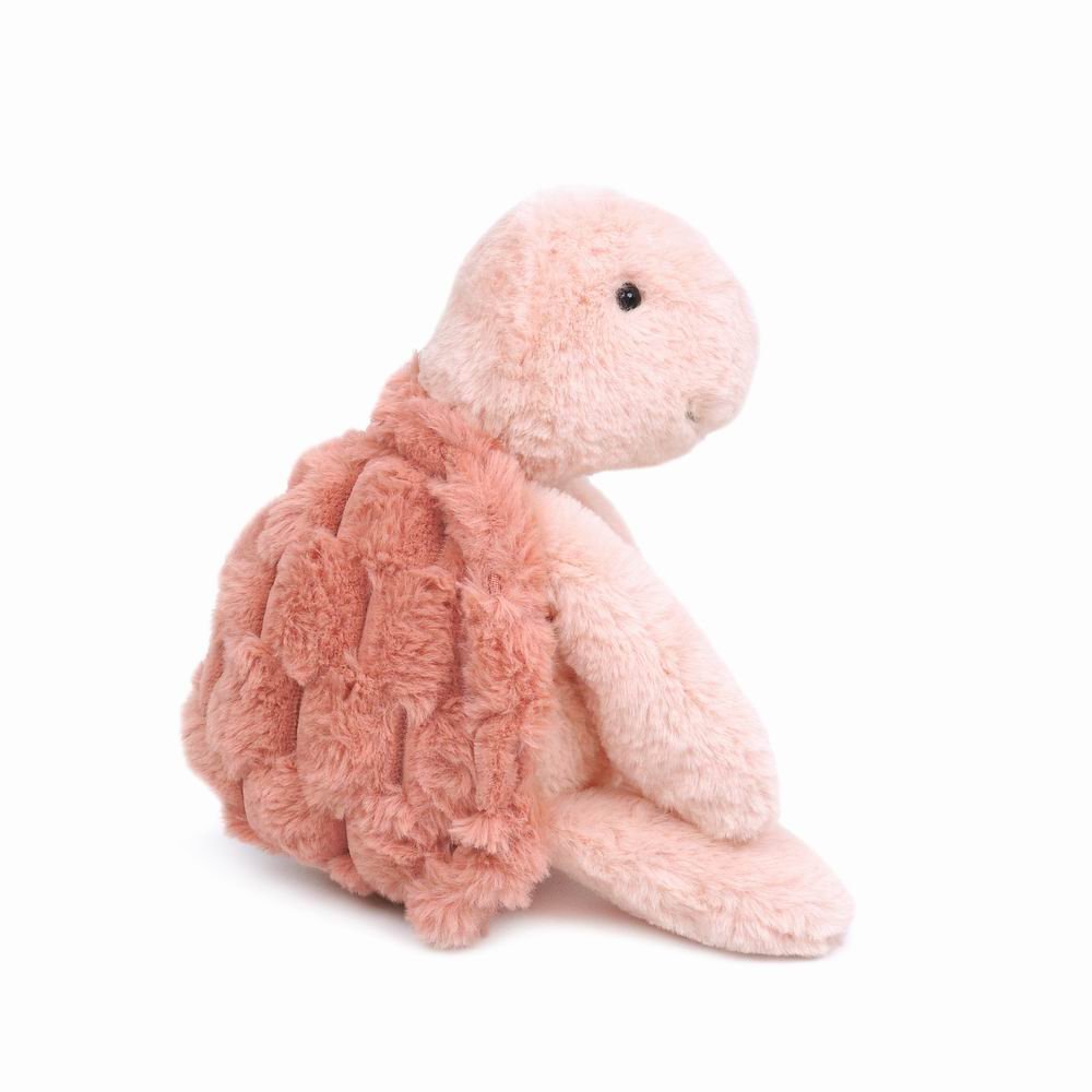 Blush pink plush turtle with a textured rose shell and soft fuzzy limbs, side view, a sweet baby shower gift