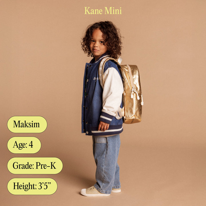 Model card: 4-year-old Pre-K student, 3'5", wearing the Kane Mini