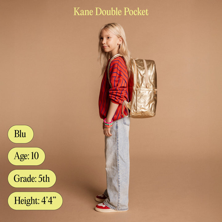 Model card: 10-year-old 5th grader, 4'4", with the Kane Double Pocket