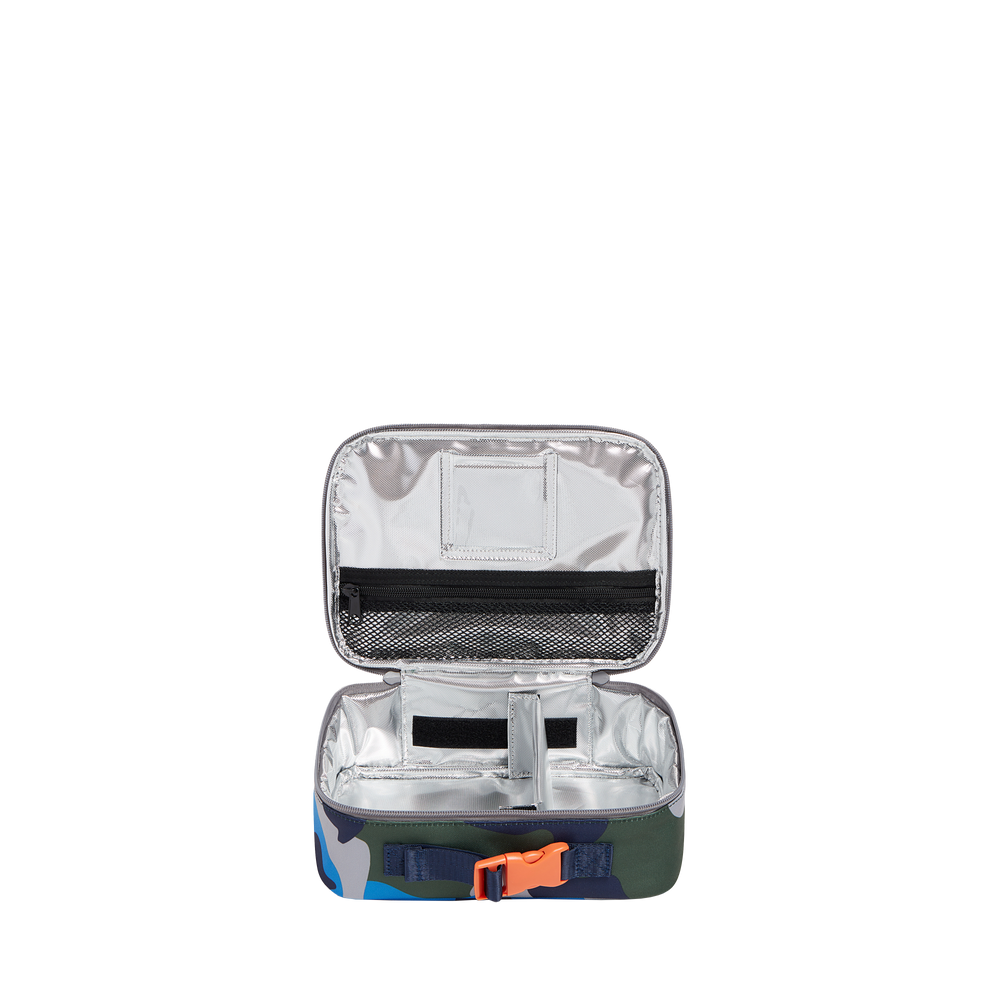 Open Rodgers lunch box showing insulated lining, zip mesh utensil pocket, and Velcro divider