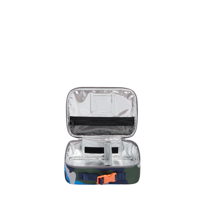 Open Rodgers lunch box showing insulated lining, zip mesh utensil pocket, and Velcro divider