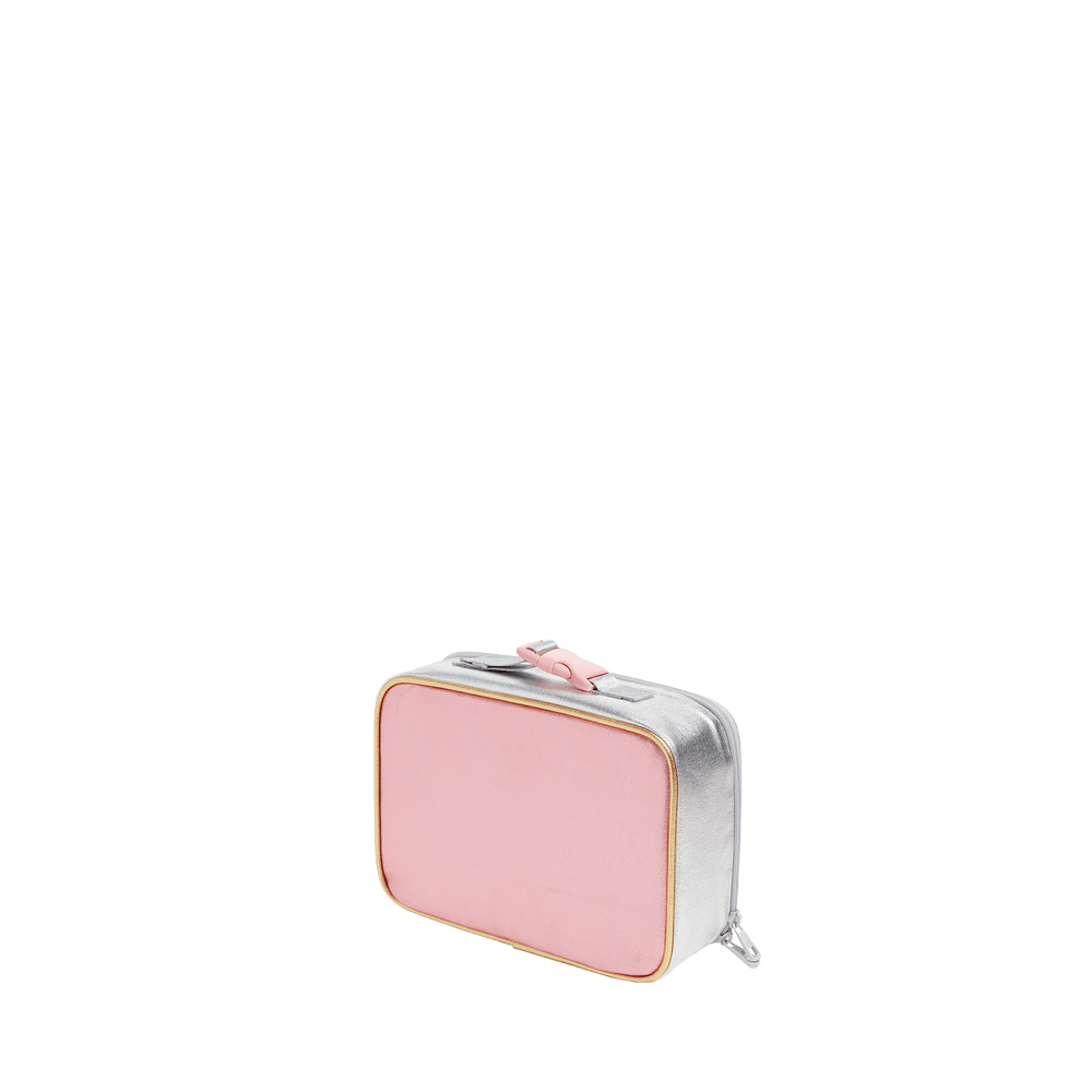 Three-quarter view of the pink and silver Rodgers lunch box showing silver sides and pink buckle