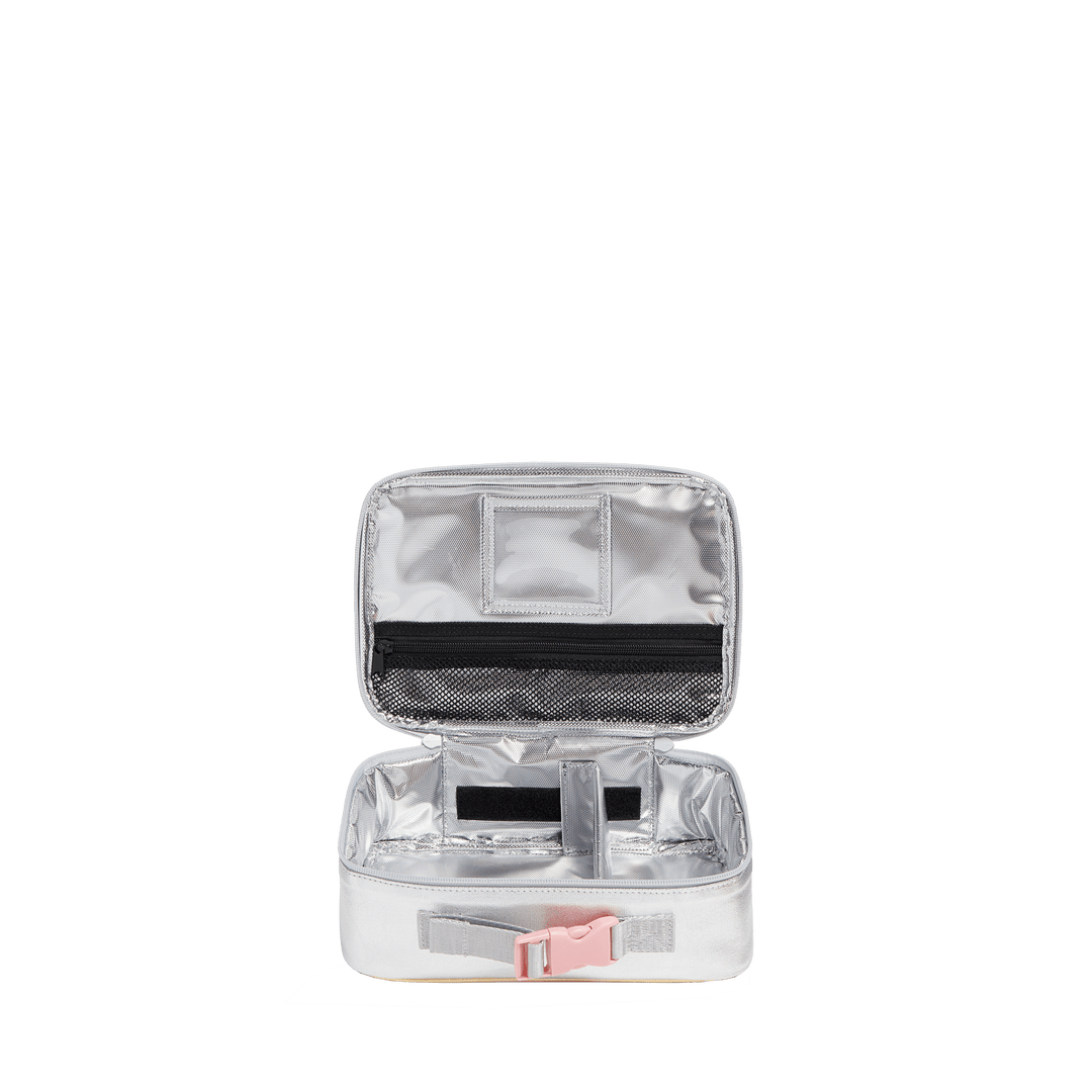 Rodgers lunch box unzipped flat, lid pocket and note sleeve above, divided insulated base below