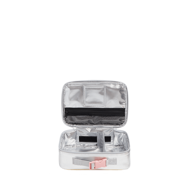 Rodgers lunch box unzipped flat, lid pocket and note sleeve above, divided insulated base below
