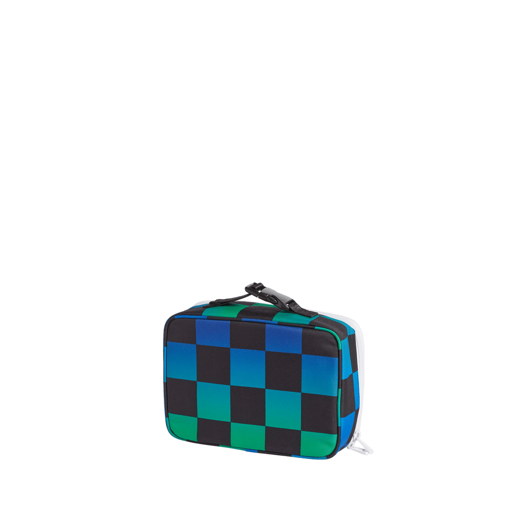 Back three-quarter view of the Blue Checkerboard Rodgers lunch box showing the zip edge