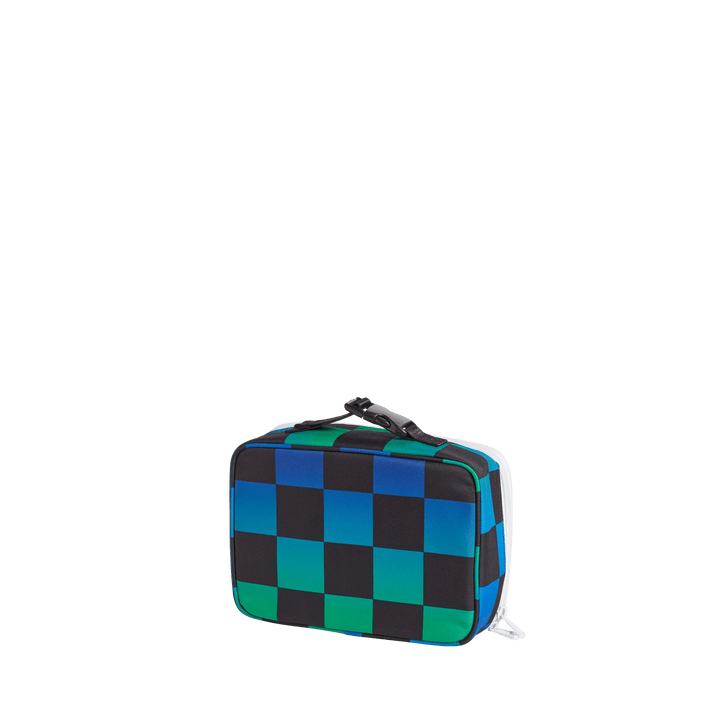 Back three-quarter view of the Blue Checkerboard Rodgers lunch box showing the zip edge