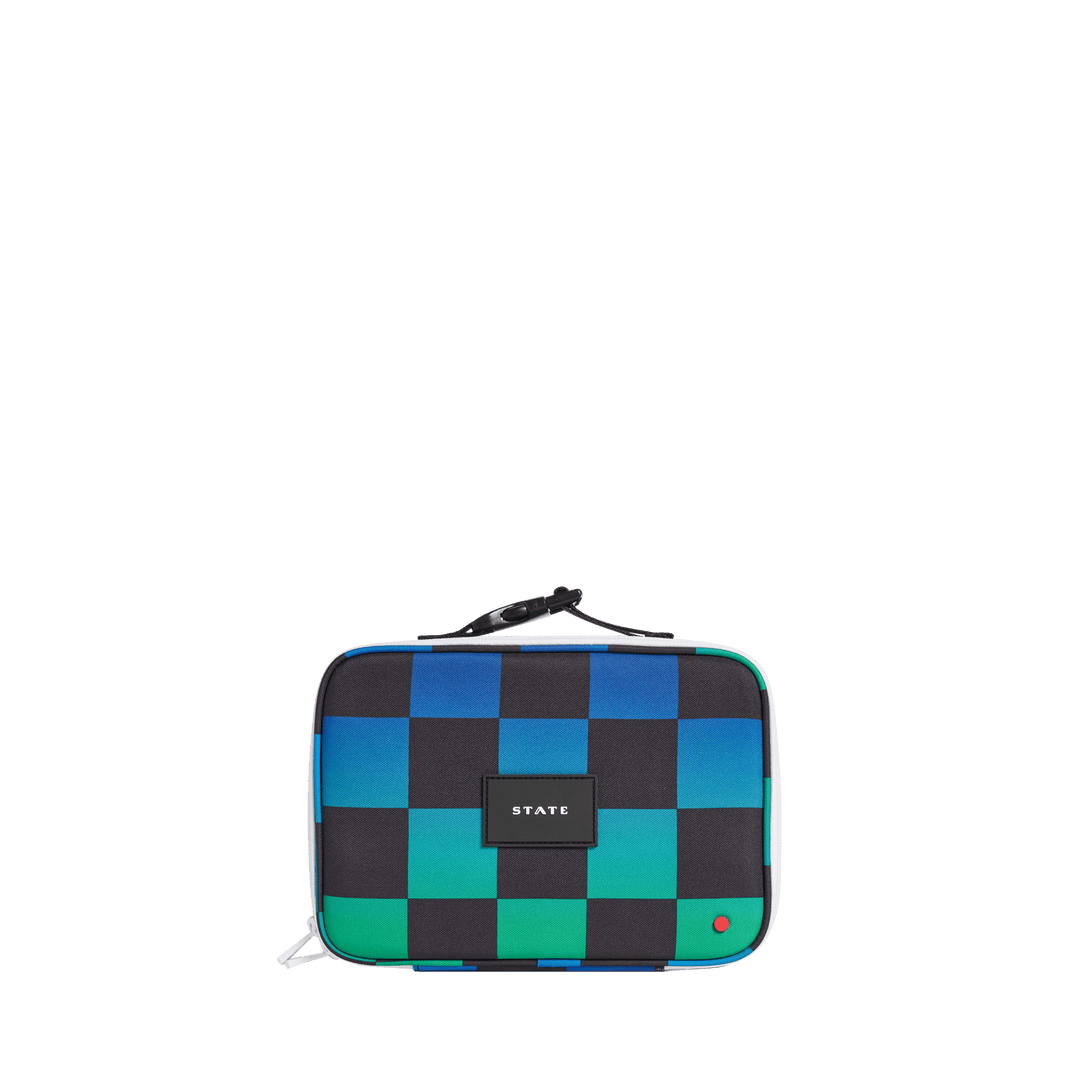 Blue, green, and black checkerboard STATE Rodgers kids lunch box, front view