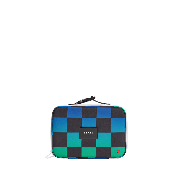 Blue, green, and black checkerboard STATE Rodgers kids lunch box, front view