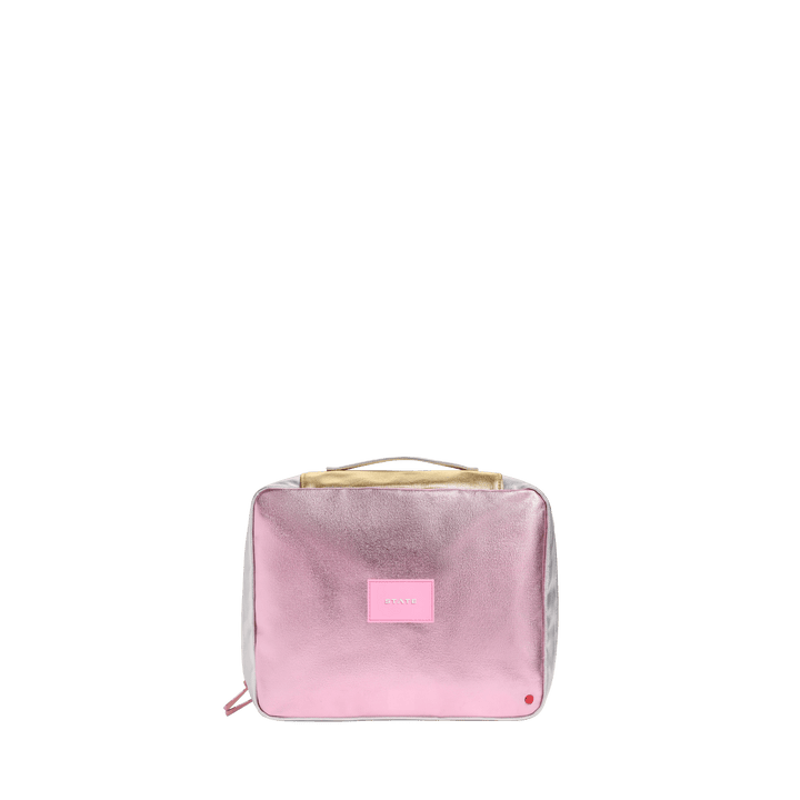 Metallic pink and silver STATE Bensen Large toiletry bag, front view with gold top handle