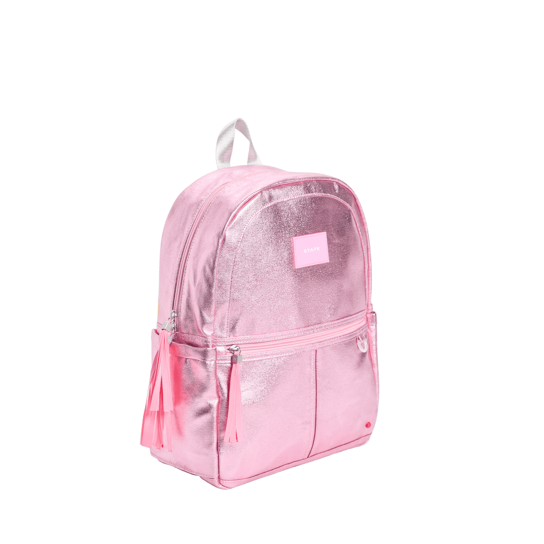Metallic Pink/Silver Kane backpack at a side angle showing the bottle pocket and tassel pull