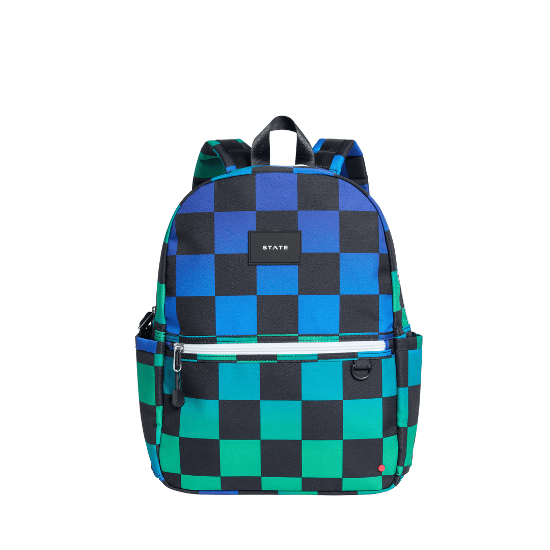 STATE Kane kids backpack in a blue, green, and black checkerboard print, front view