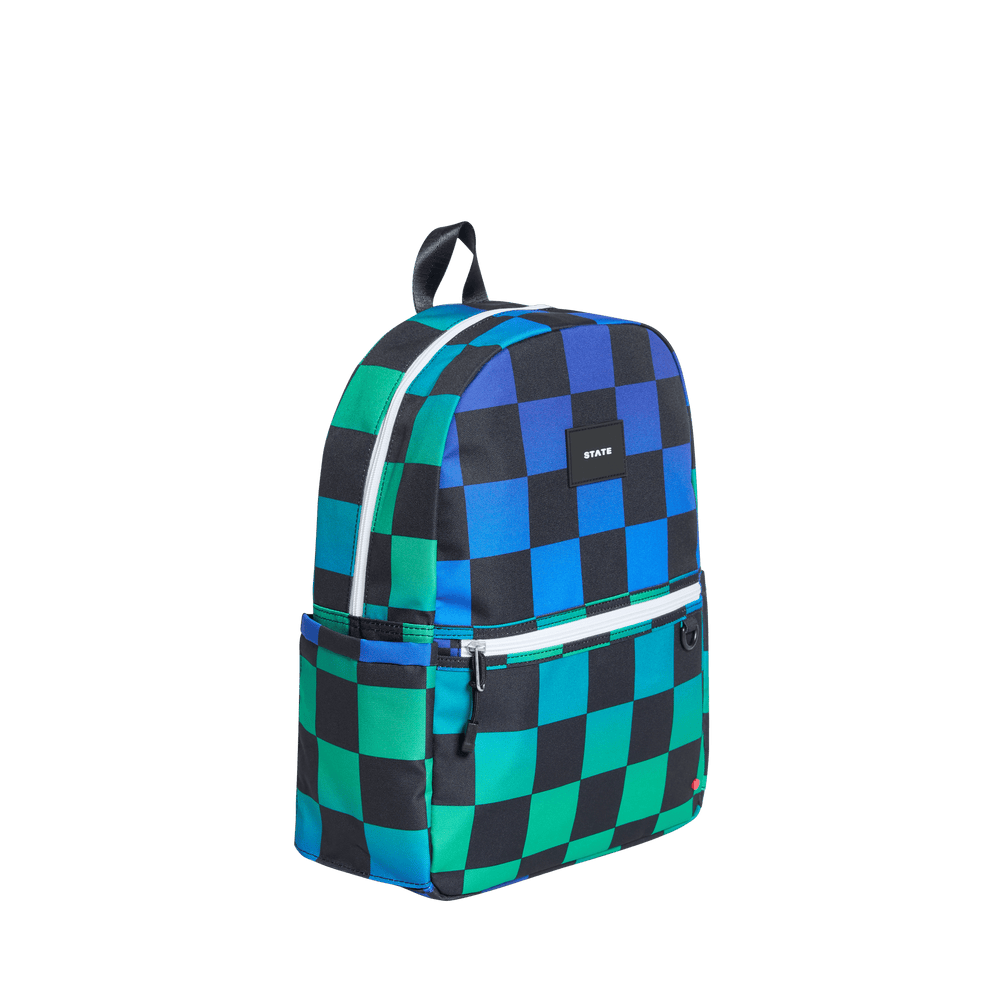 Blue Checkerboard Kane backpack at a side angle showing the water bottle pocket
