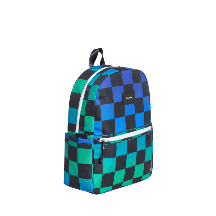 Blue Checkerboard Kane backpack at a side angle showing the water bottle pocket