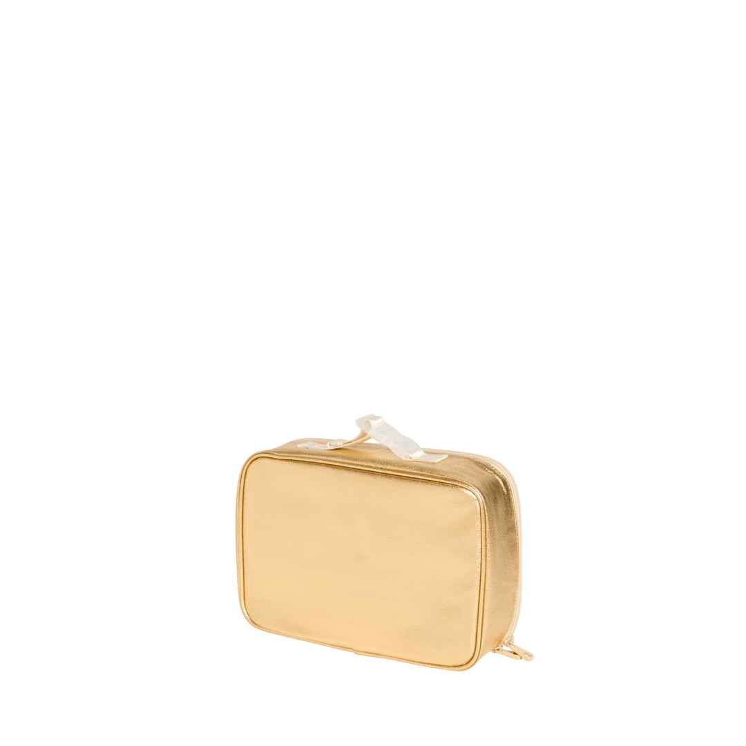 Back three-quarter angle of the gold Rodgers lunch box showing depth and zipper