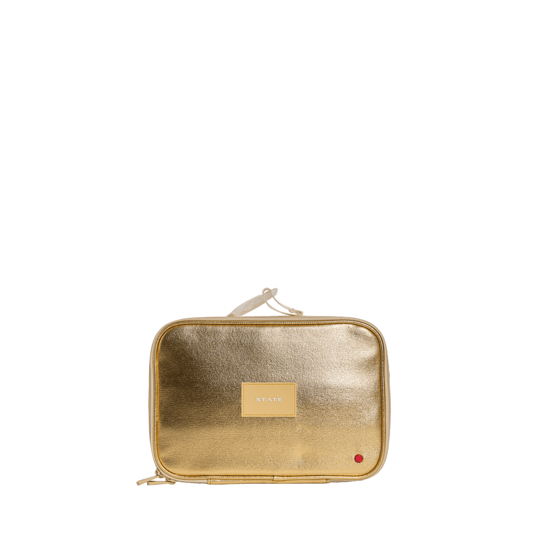 Metallic gold STATE Rodgers kids lunch box, front view with gold patch and top grab handle