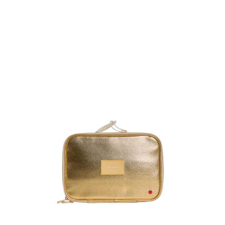 Metallic gold STATE Rodgers kids lunch box, front view with gold patch and top grab handle