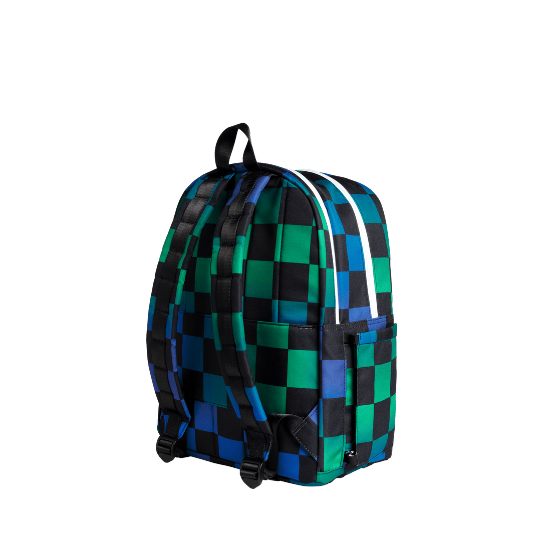 Back of the checkerboard backpack with padded straps and luggage sleeve