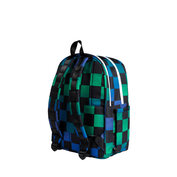 Back of the checkerboard backpack with padded straps and luggage sleeve