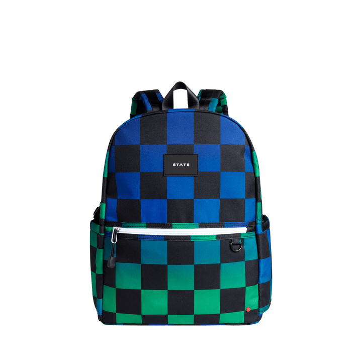 Blue, green, and black checkerboard STATE Kane Double Pocket kids backpack, front view
