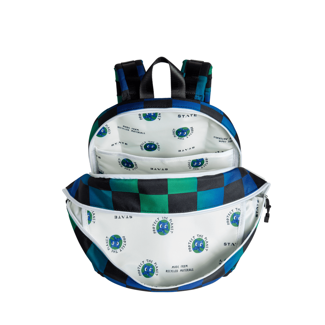 Top-down view into both main compartments of the checkerboard backpack