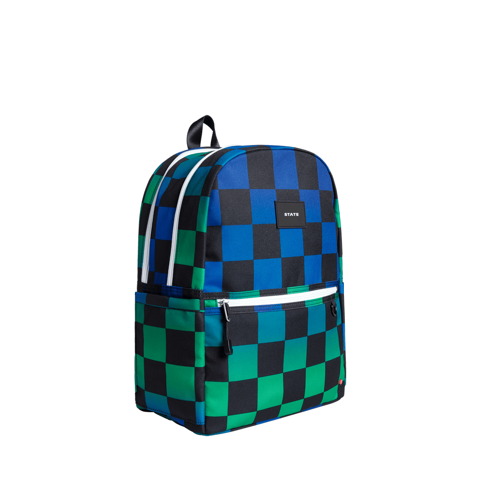 Checkerboard kids backpack at a three-quarter angle showing a side water bottle pocket