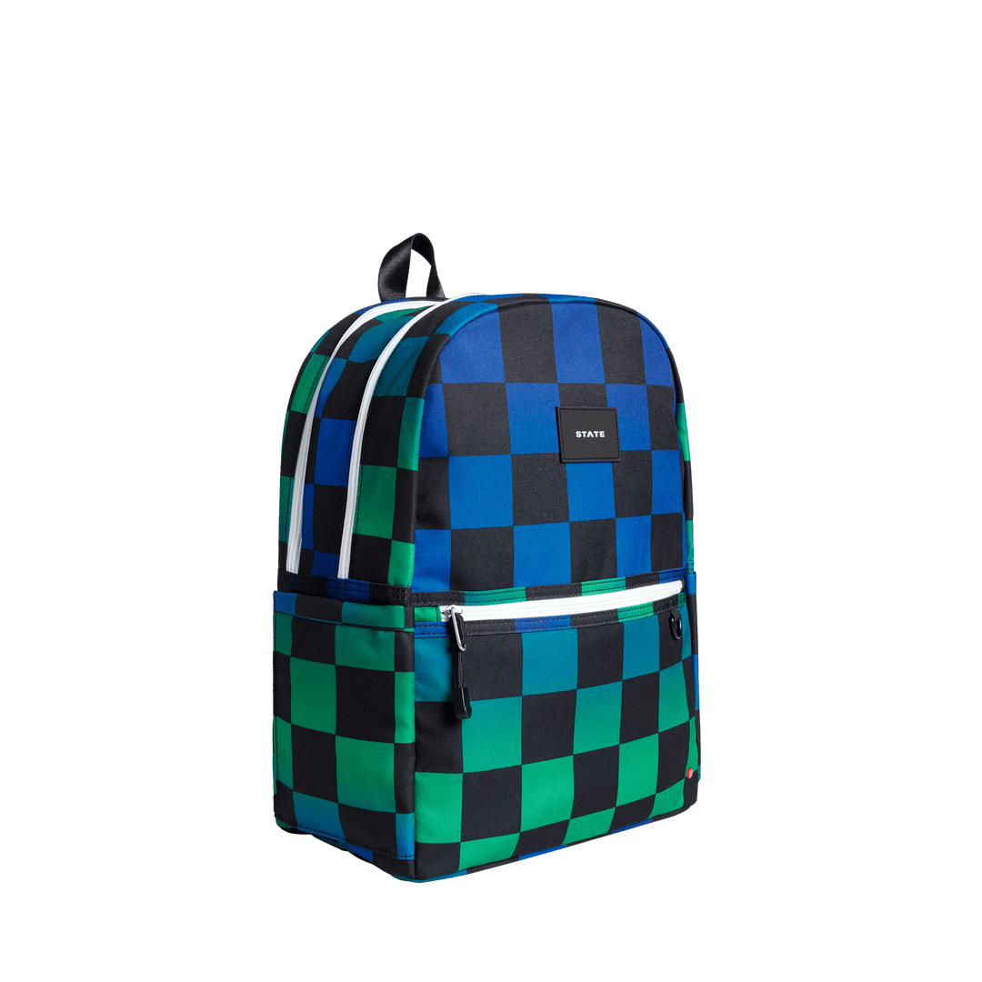 Checkerboard kids backpack at a three-quarter angle showing a side water bottle pocket