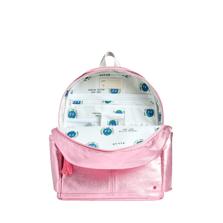 Kane Double Pocket unzipped to show interior organization, shown in pink metallic