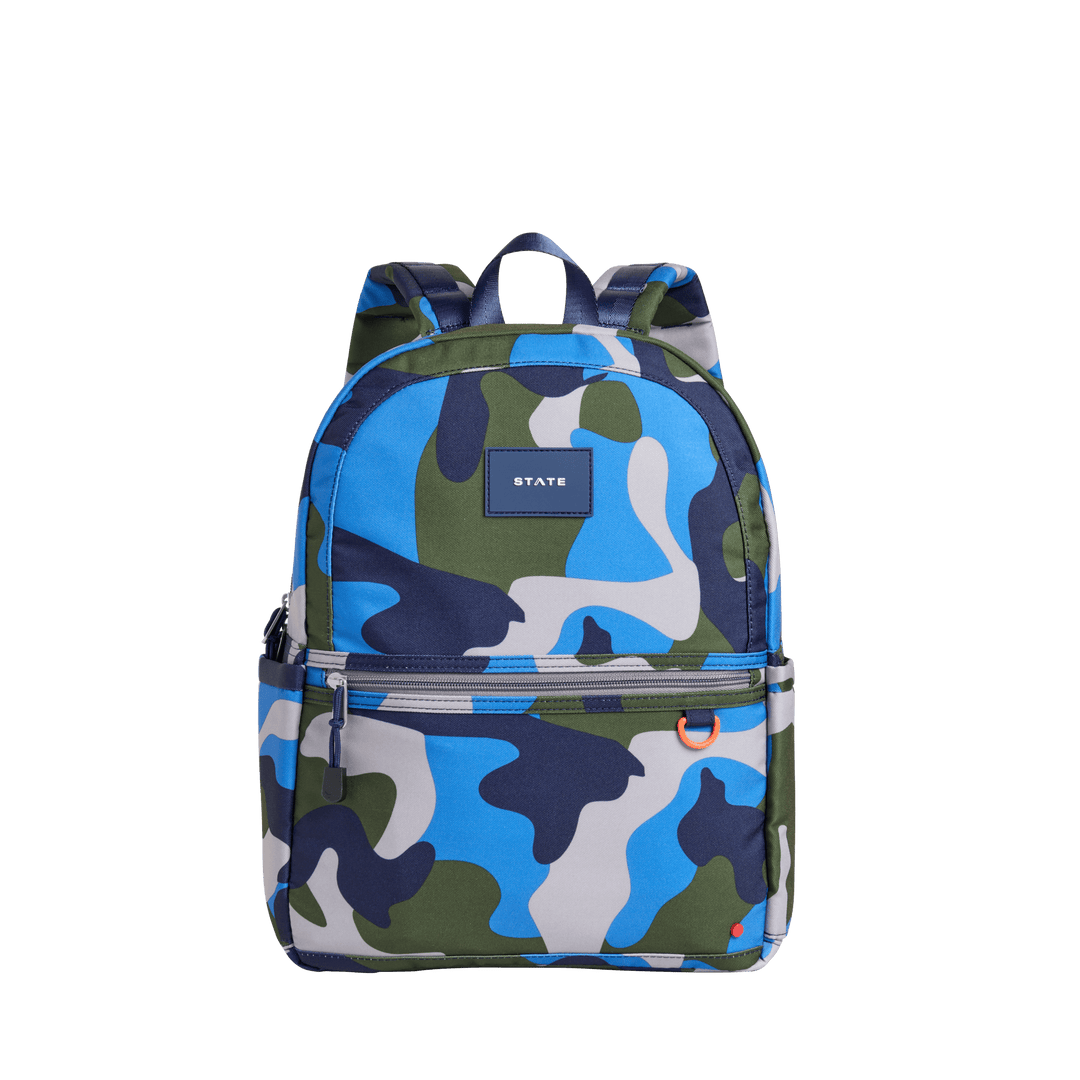 Blue, olive, and gray camo STATE kids backpack with navy patch, front view