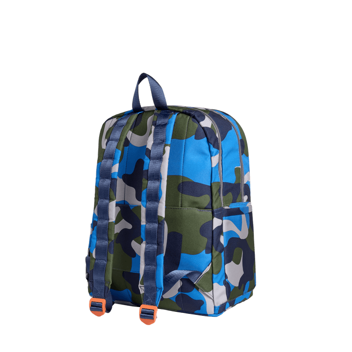 Back of the blue camo backpack with navy padded straps