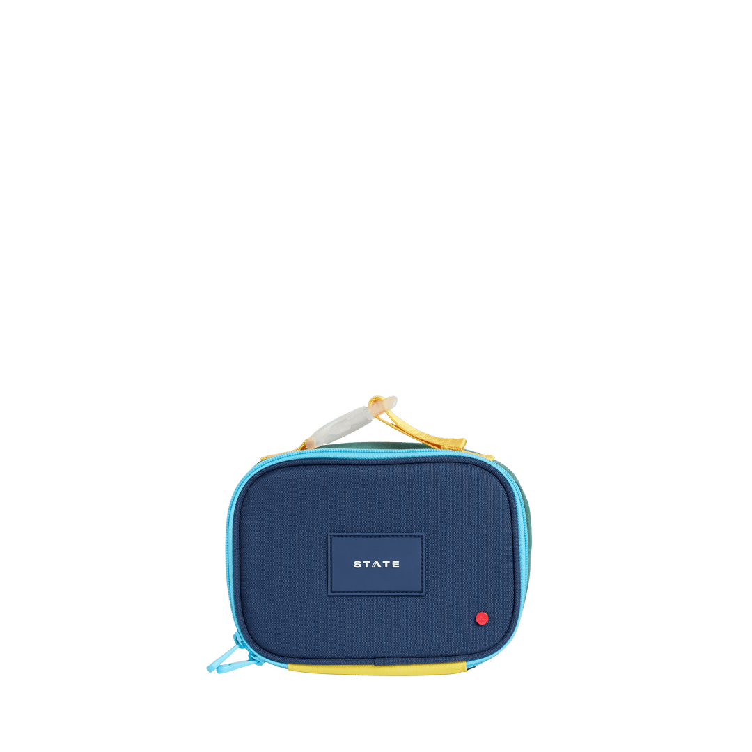Green and navy STATE Mini Rodgers snack bag, front view with navy panel, aqua zipper, and yellow clip