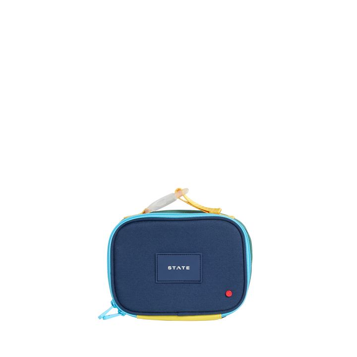 Green and navy STATE Mini Rodgers snack bag, front view with navy panel, aqua zipper, and yellow clip