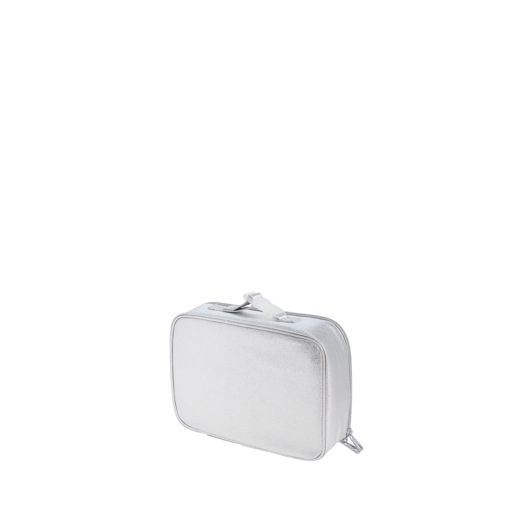 Back three-quarter view of the silver Rodgers lunch box showing its zip-around shape