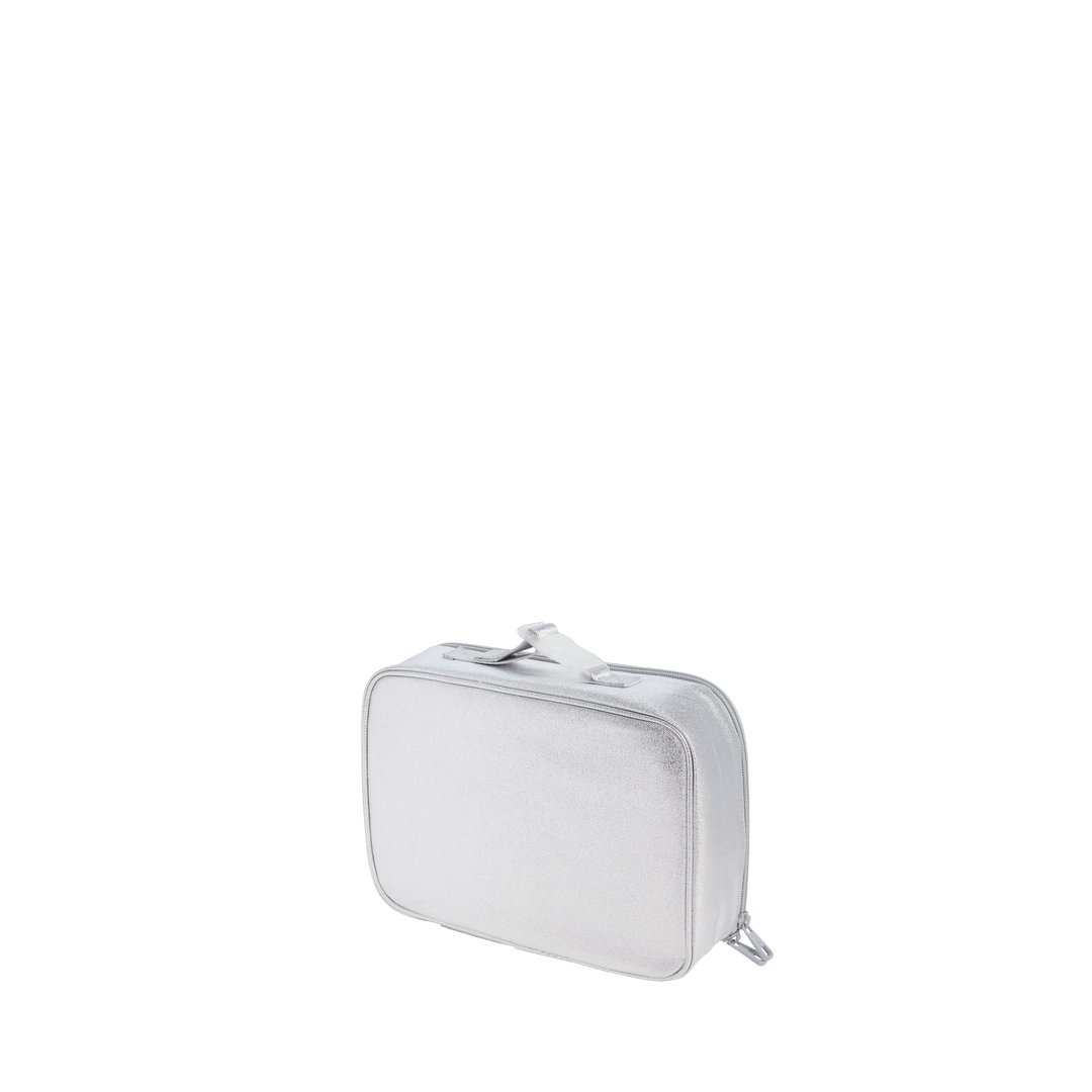 Back three-quarter view of the silver Rodgers lunch box showing its zip-around shape