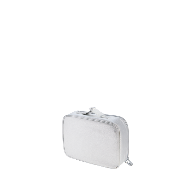 Back three-quarter view of the silver Rodgers lunch box showing its zip-around shape