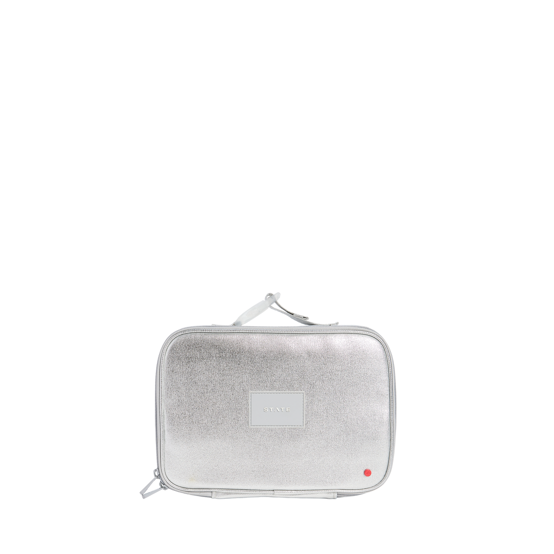 Metallic silver STATE Rodgers kids lunch box, front view with tonal patch and top handle