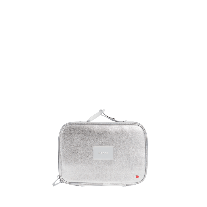 Metallic silver STATE Rodgers kids lunch box, front view with tonal patch and top handle