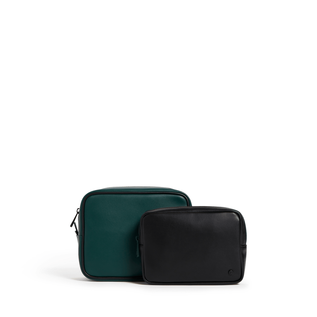 STATE travel pouch set of two side by side, large olive green pouch and small black pouch