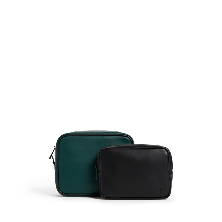 STATE travel pouch set of two side by side, large olive green pouch and small black pouch